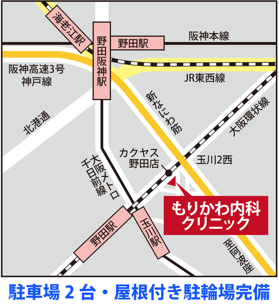 大阪福島区玉川にあるもりかわ内科クリニックの地図です